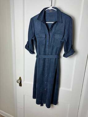 J.McLaughlin M Navy Faux Suede Shirt Dress Belted Button Front Midi Dress